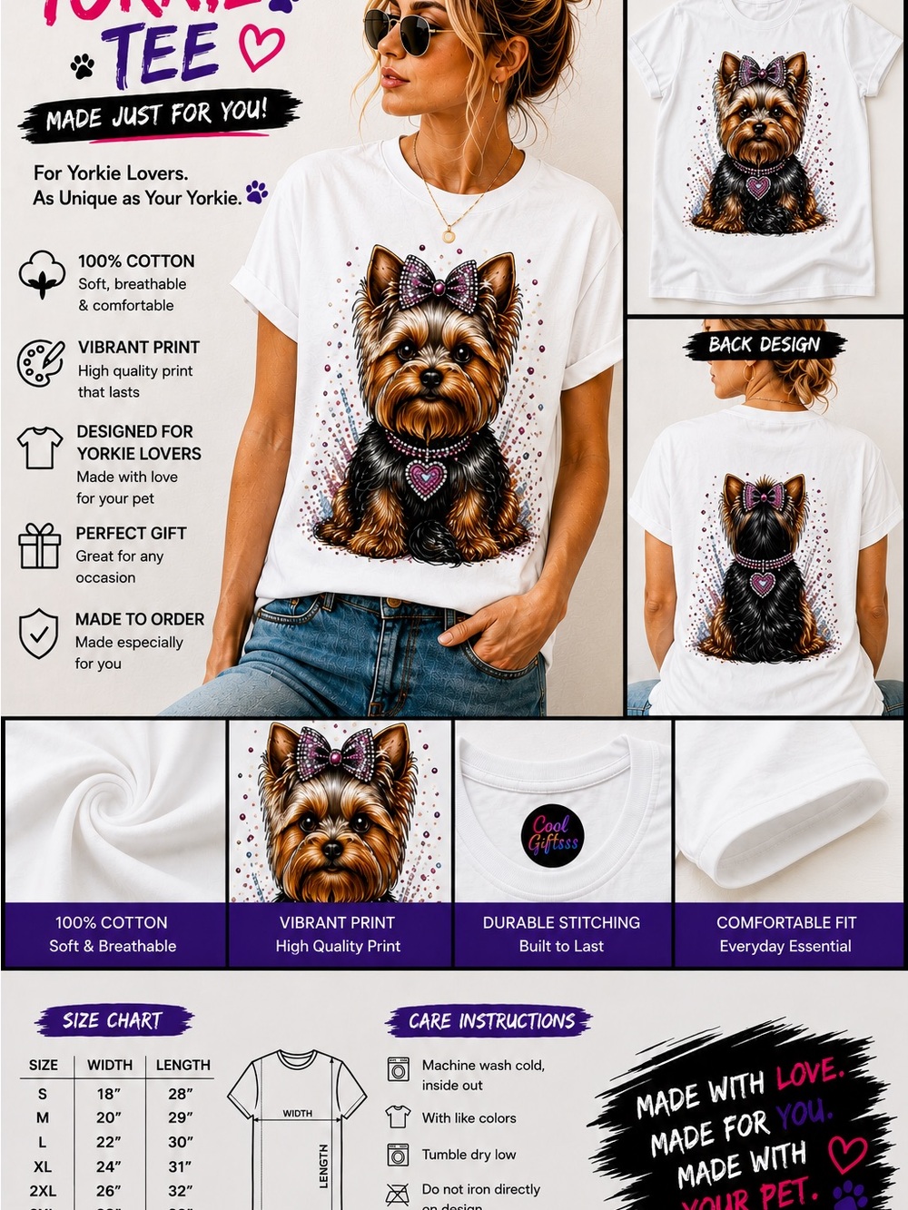 Yorkie Graphic Short Sleeve Tee spoil faux rhinestones S M L XL - Picture 11 of 11